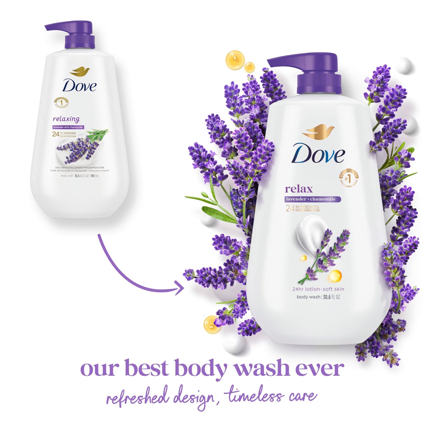 Dove Body Wash with Pump Relax Lavender Oil & Chamomile For 24hr Lotion-Soft Skin Moisturizing Skin Cleanser with No Sulfates No Parabens 30.6 Oz
