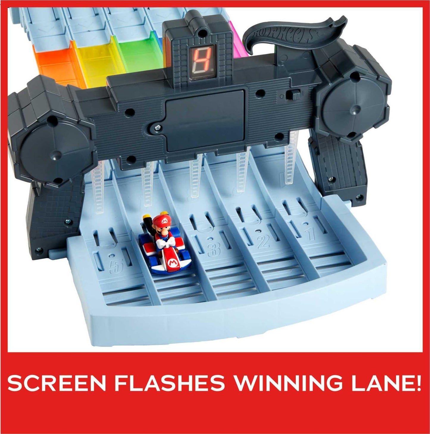 Hot Wheels Mario Kart Rainbow Road 8-Foot Track Set with Lights & Sounds, 2 1:64 Vehicles, 5-Color Course & 2 Configurations