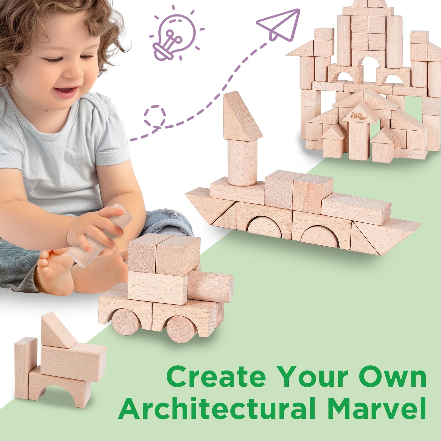 iPlay iLearn Wooden Building Blocks for Kids – Montessori Toddler Toy, Hardwood Stacking Bricks, Preschool Gift for Ages 2-8