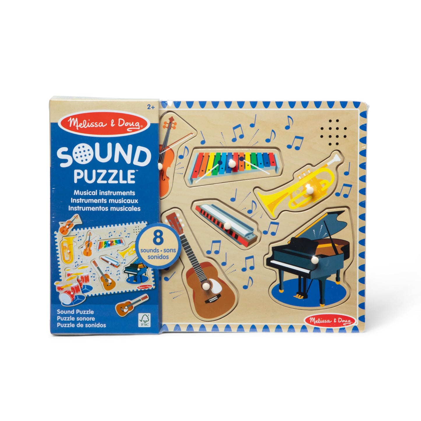Melissa & Doug Musical Instruments Sound Puzzle – 8-Piece Wooden Peg Toy with Light-Activated Sounds, Music Learning Toy for Toddlers Ages 2+