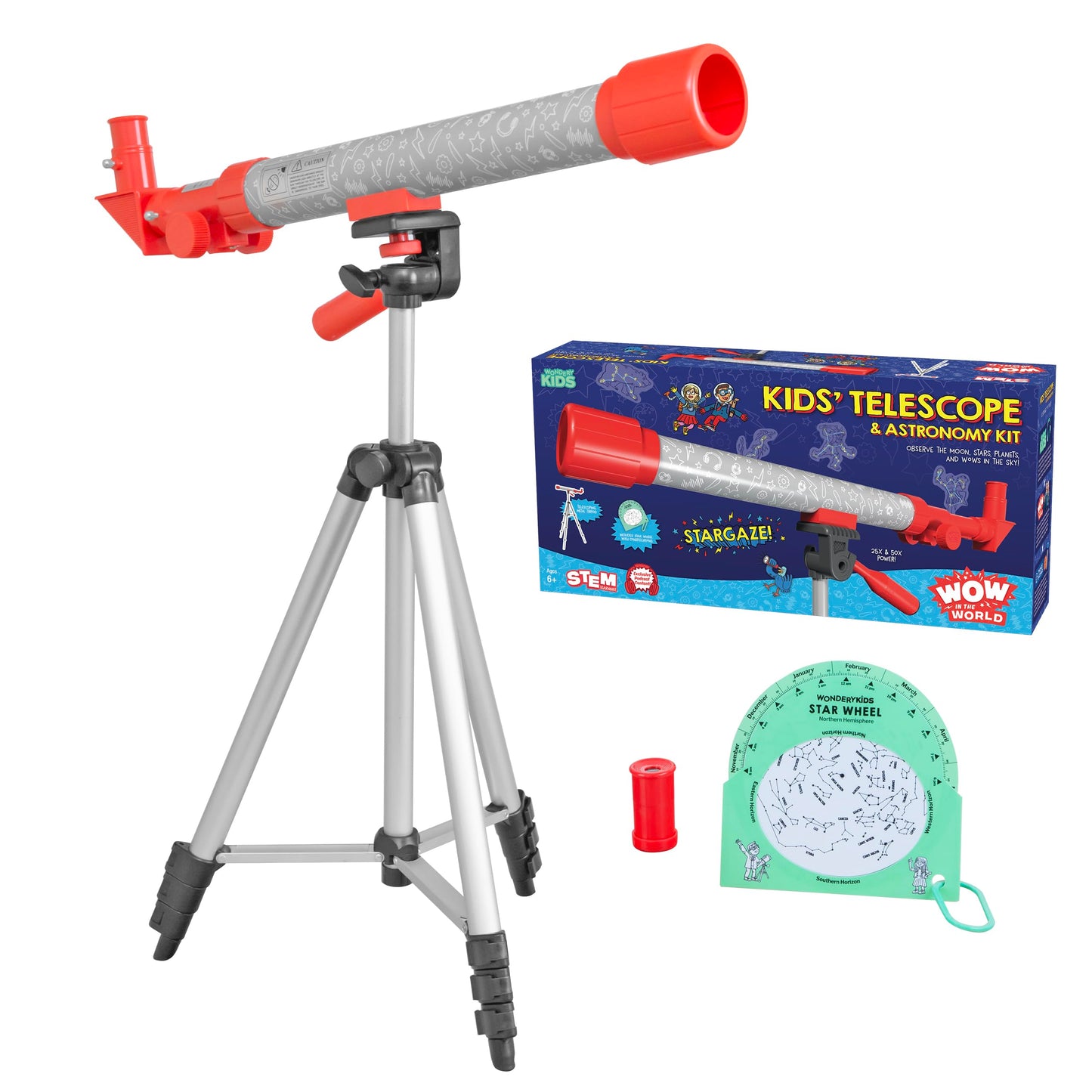 Wow in The World Kids’ Telescope & Astronomy Kit – 25x & 50x Magnification, Adjustable Tripod, Star Wheel & Audio Guide, Ages 6+