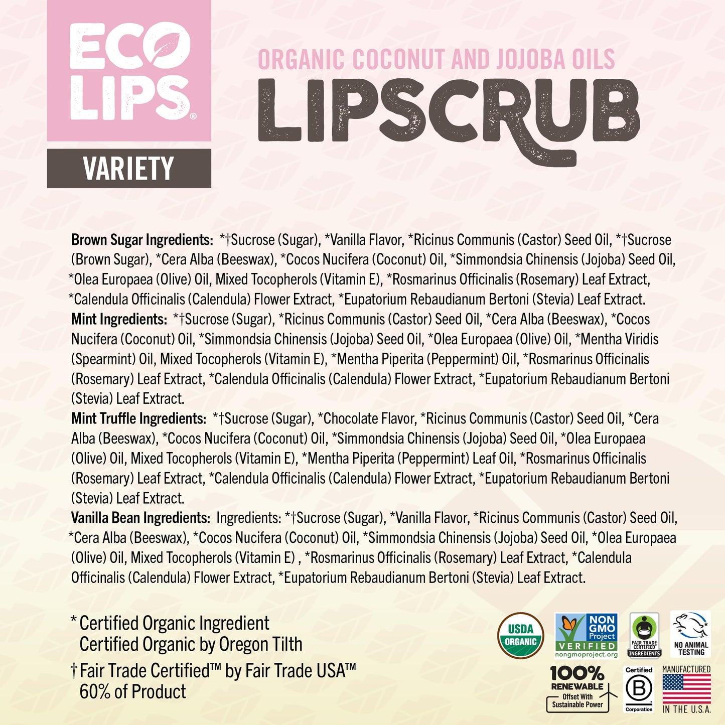 Eco Lips Lip Sugar Scrub 4-Pack, 100% Organic Lip Care, Exfoliates & Moisturizes with Sugar & Coconut Oil, 4 x 0.25oz Jars