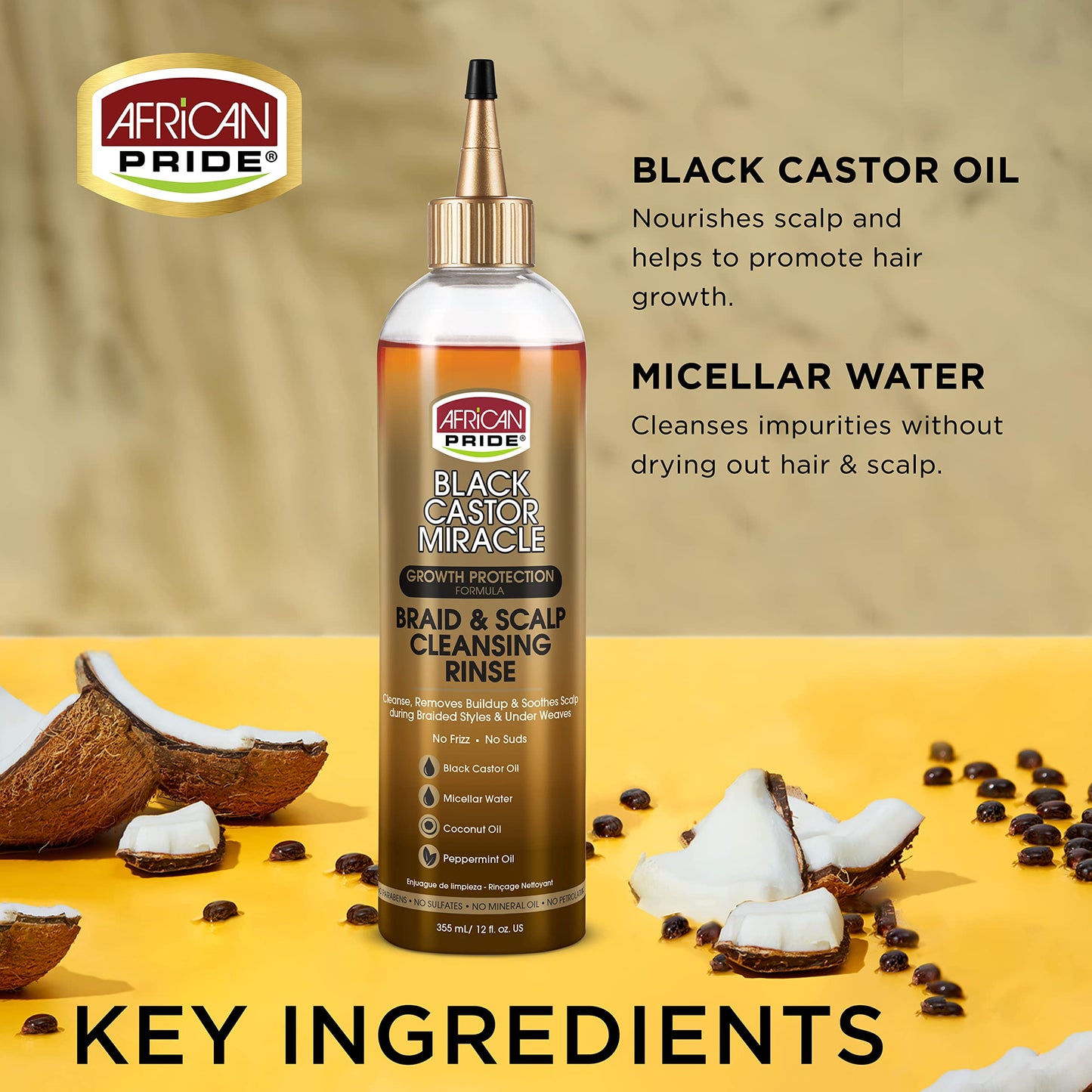 African Pride Black Castor Miracle Braid & Scalp Cleansing Rinse | Removes Build-Up, Soothes Scalp, No Frizz | With Castor, Coconut & Peppermint Oils, 12 oz