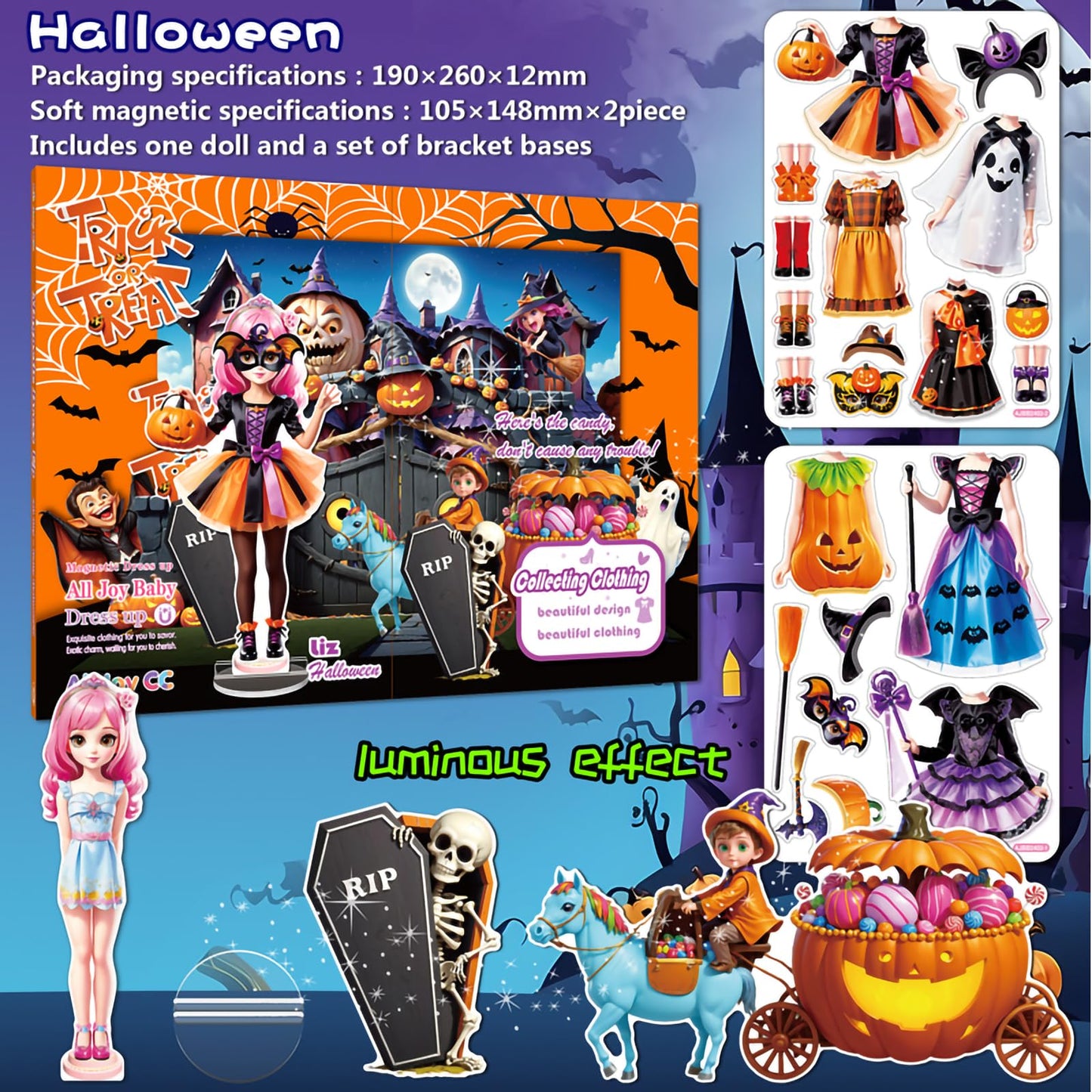 Halloween Magnetic Dress-Up Dolls for Kids β Witch & Pumpkin Fairy Costumes with 3D Haunted House Scene, Travel Toy Gift Ages 3-7