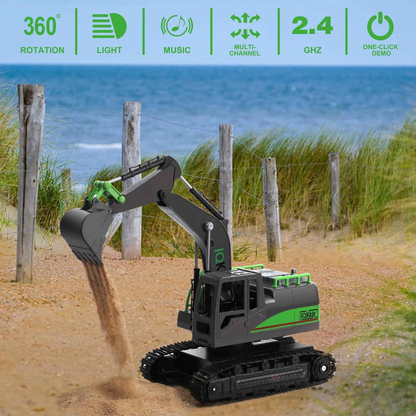 IQKidz RC Excavator Toy for Boys 4-10+ – Metal Shovel Construction Vehicle with Lights, Sounds, 2.4G Rechargeable Remote Control
