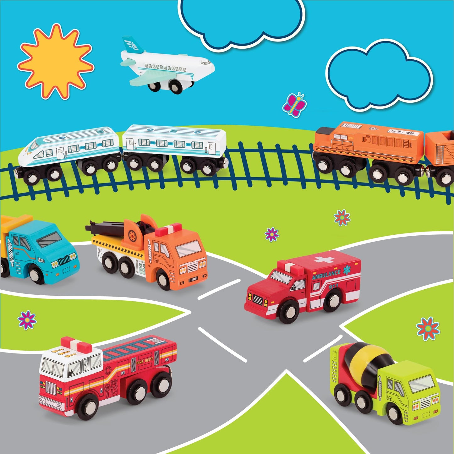 Battat – Miniature Toy Cars – 6 Wooden Minis – Classic Wooden Toys – Mini Ambulance, Cement Truck – 3 Years + – Wooden Vehicles - Set 1