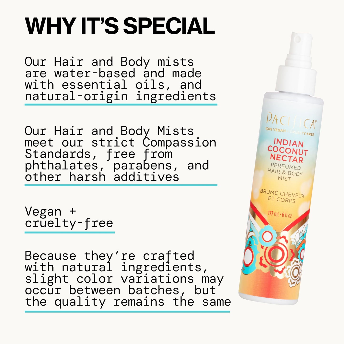 Pacifica Indian Coconut Nectar Hair & Body Mist – Alcohol-Free Perfume with Natural Essential Oils, Coconut & Vanilla Scent, Vegan & Cruelty-Free
