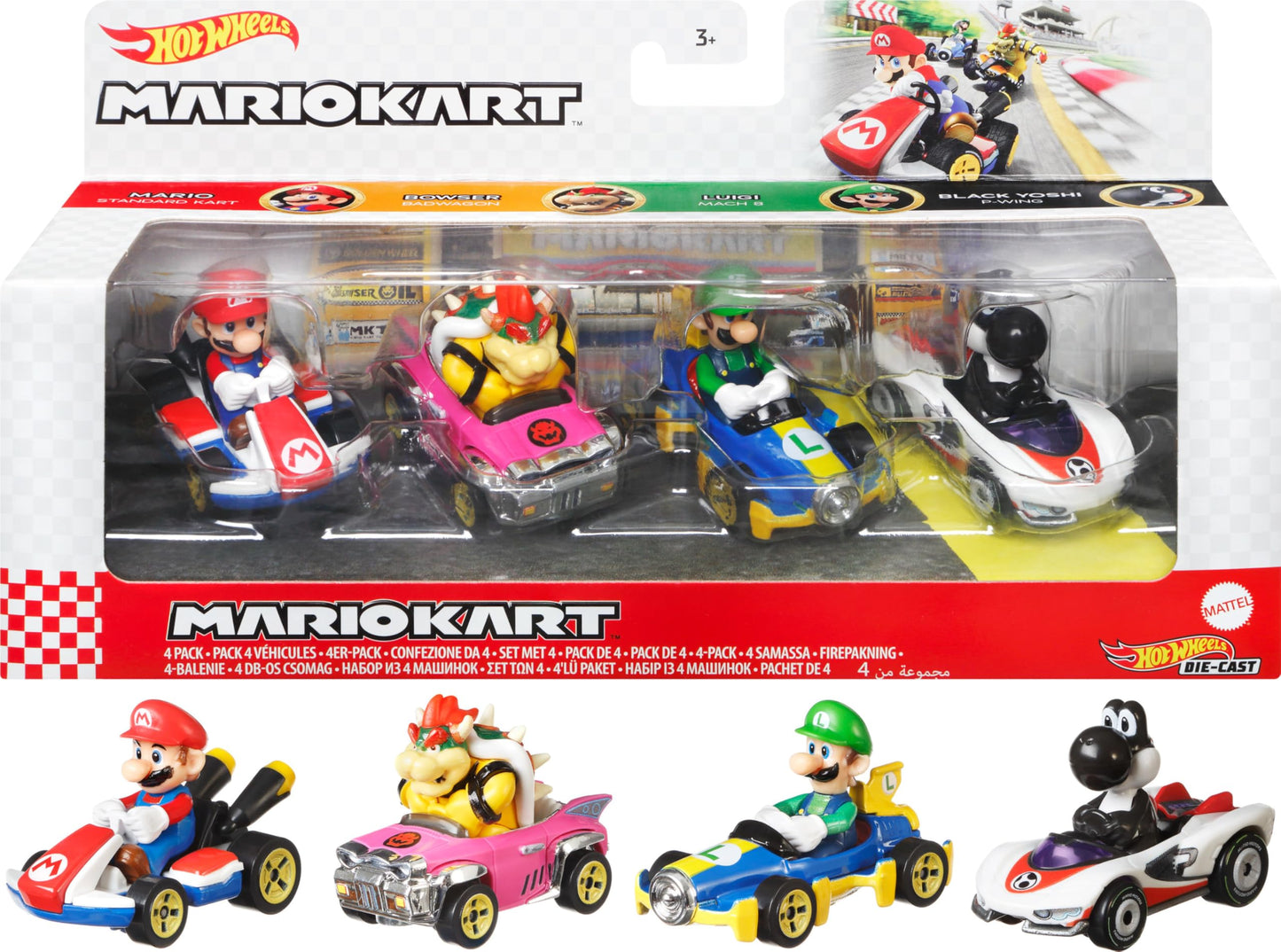 Hot Wheels Mario Kart Set of 4 Die-Cast Toy Cars with Attached Character Drivers, Includes Black Yoshi (Amazon Exclusive)