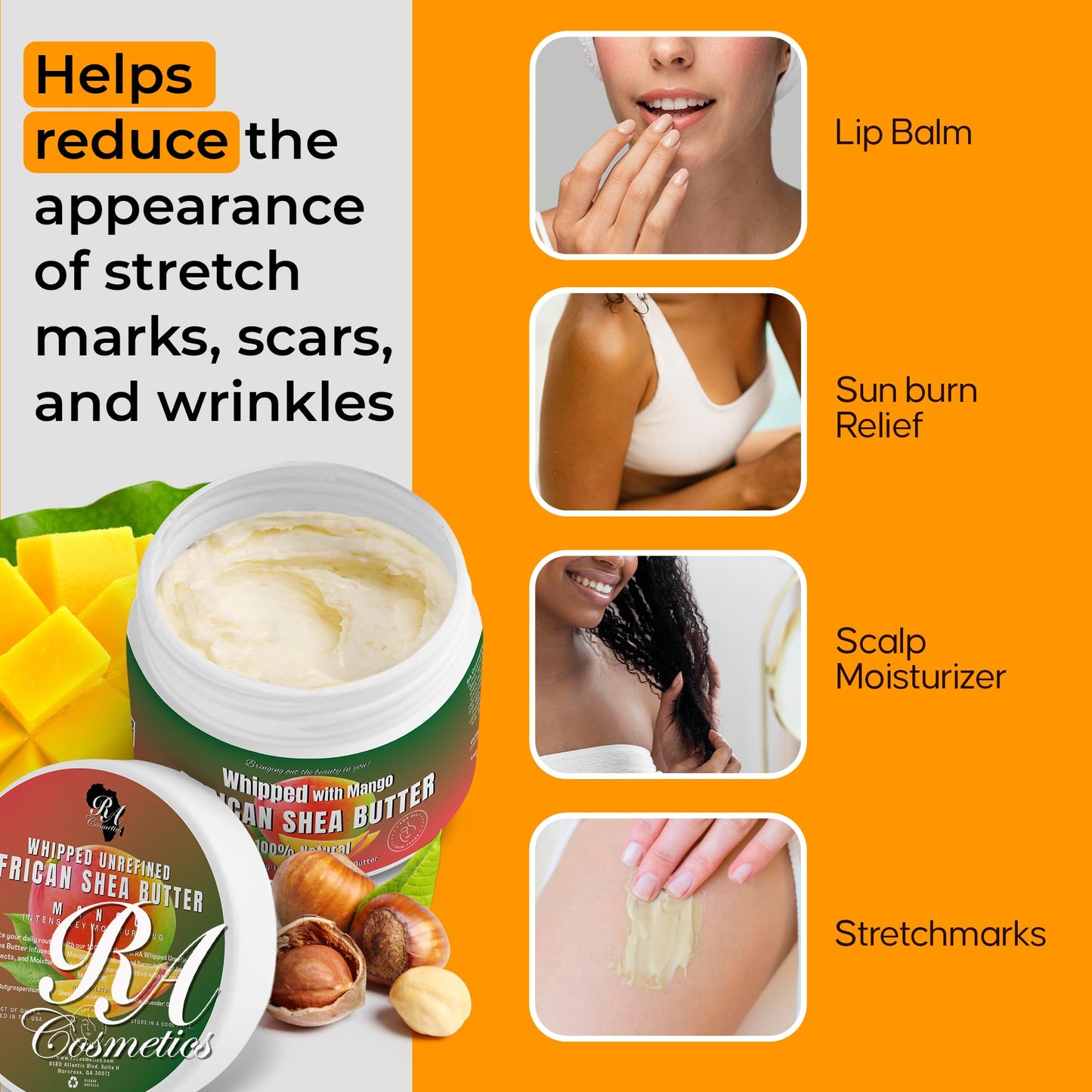 RA COSMETICS Whipped Mango Shea Butter – 100% Pure African Shea, Handcrafted Moisturizer for Skin & Hair, 12oz Jar