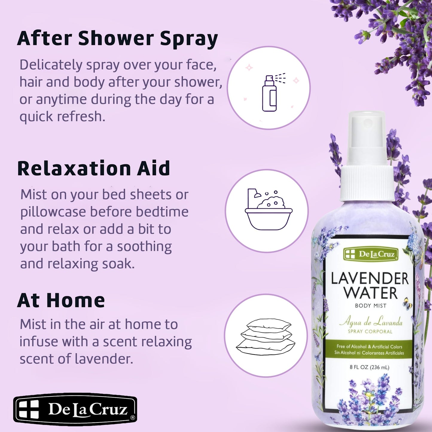 De La Cruz Lavender Water Body Mist - Lavender Spray body mist With Pure Lavender Essential Oil 8 fl oz (236 mL)