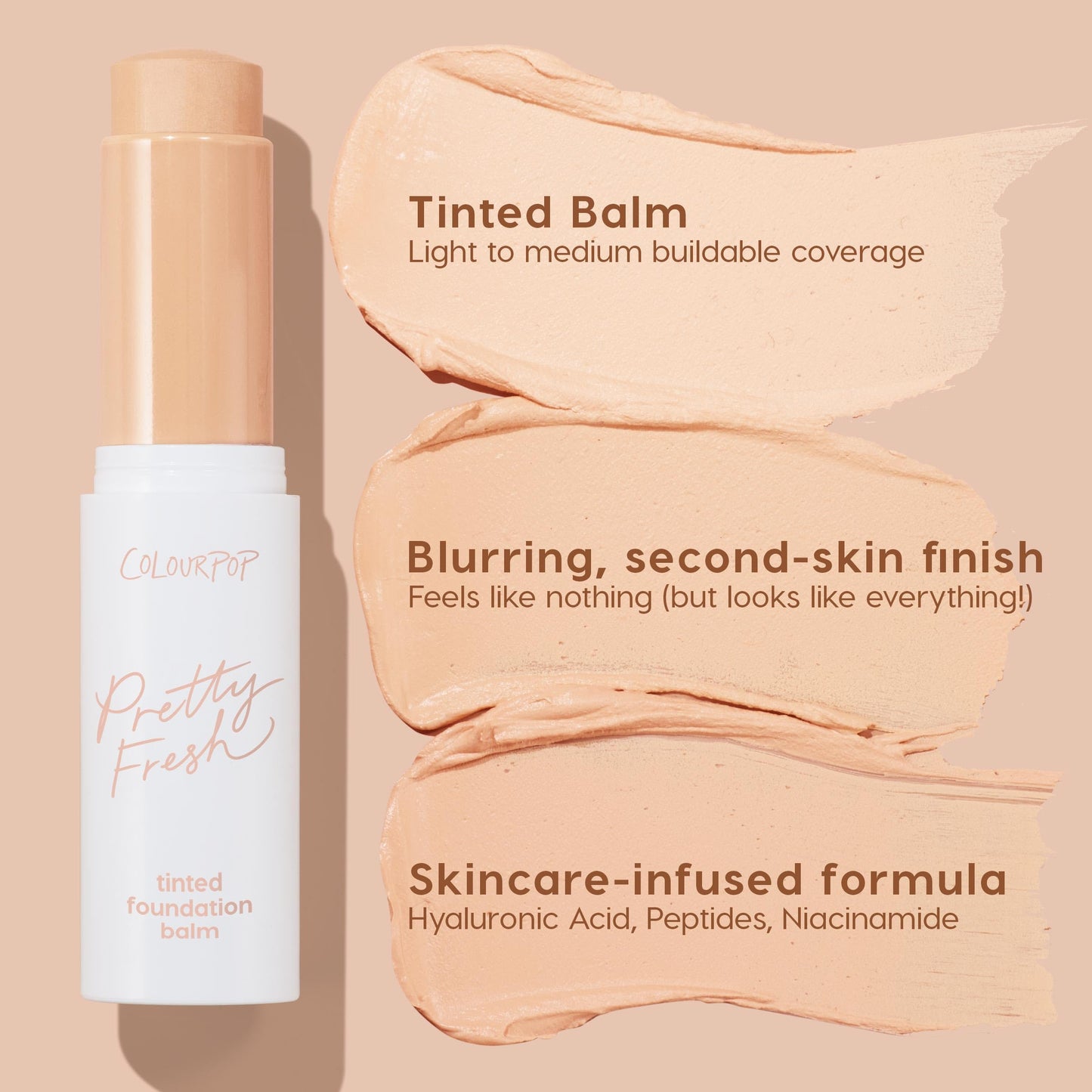 ColourPop Pretty Fresh Tinted Foundation Stick – Hydrating Balm-to-Cream, Light/Medium Coverage, Niacinamide & Peptides – Fair 3, 0.29 oz