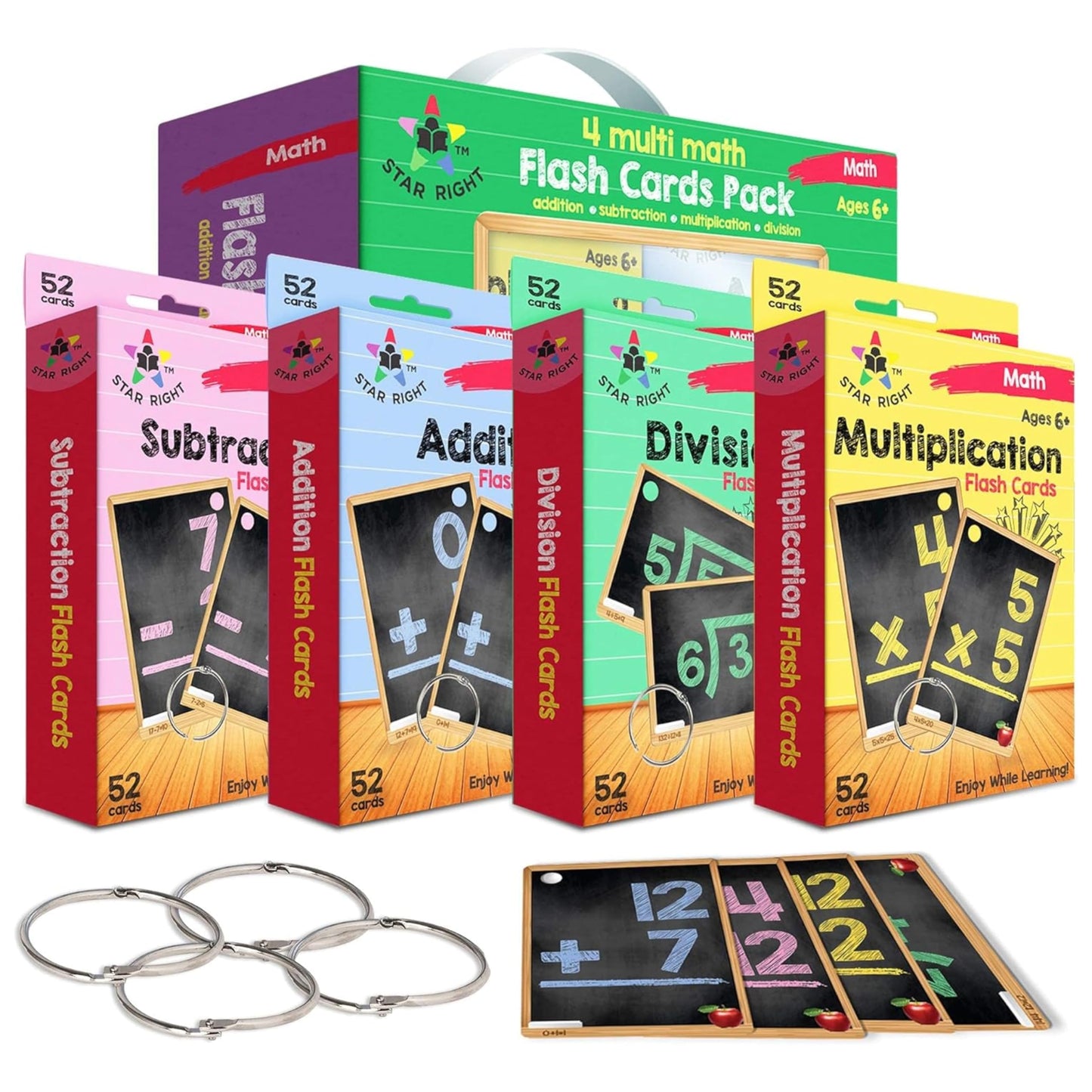Star Right Math Flash Cards Set of 4 – Addition, Subtraction, Multiplication & Division, 208 Cards with 4 Rings for Kids 6+ (1st-4th Grade)