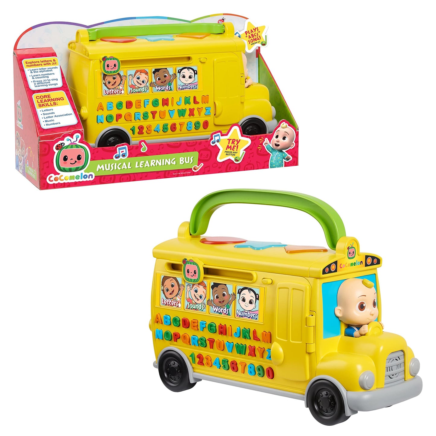 CoComelon Musical Learning Bus Toy – ABCs, Numbers & Phonics, Plays Wheels on the Bus, Official Licensed Yellow School Bus for Kids 18+ Months