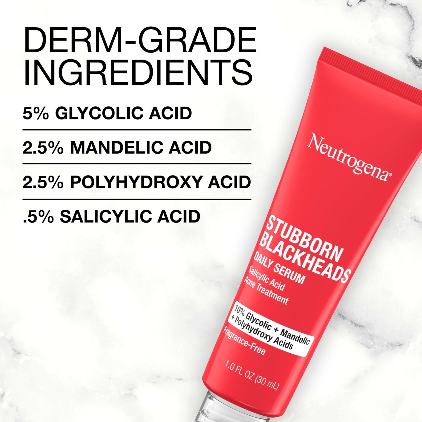 Neutrogena Stubborn Blackheads Daily Acne Serum with Salicylic, Glycolic, Polyhydroxy & Mandelic Acids, Oil-Free Face Serum, 1 fl. oz