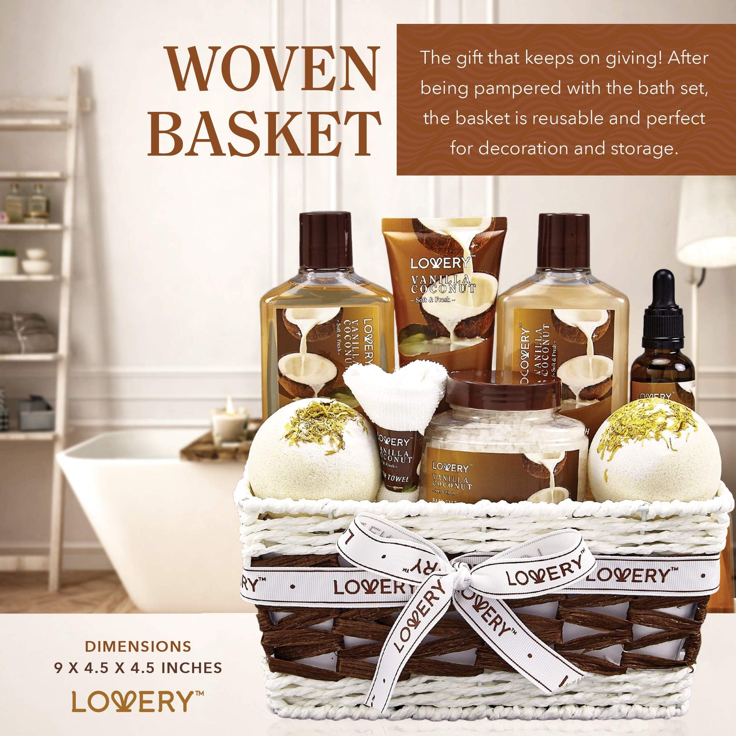 Gifts for Women Spa Basket โ 9-Piece Vanilla Coconut Set with Lotions, Bath Bombs, Coconut Oil, Luxury Towel & More