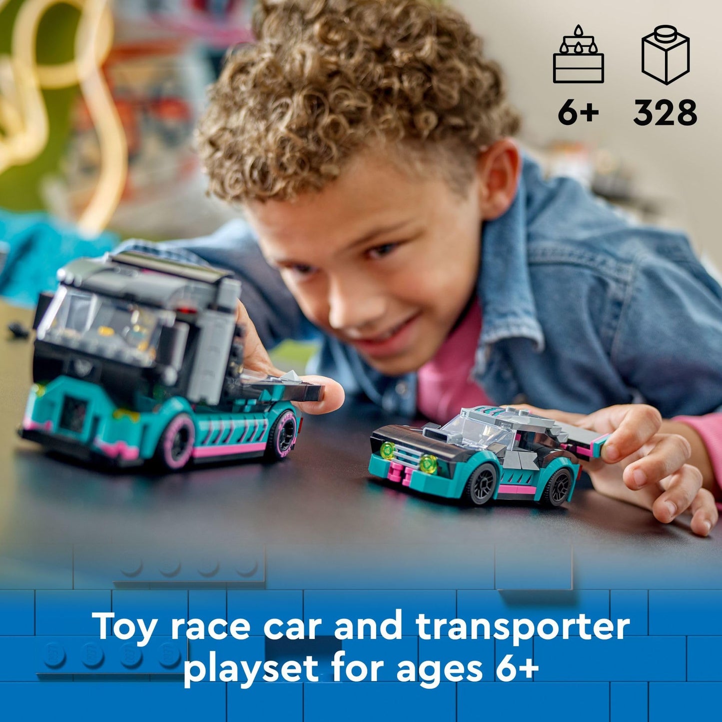 LEGO City Race Car & Carrier Truck Playset 60406 – Vehicle Transporter with Adjustable Ramp, Race Car, Minifigures, Fun Gift for Kids 6+