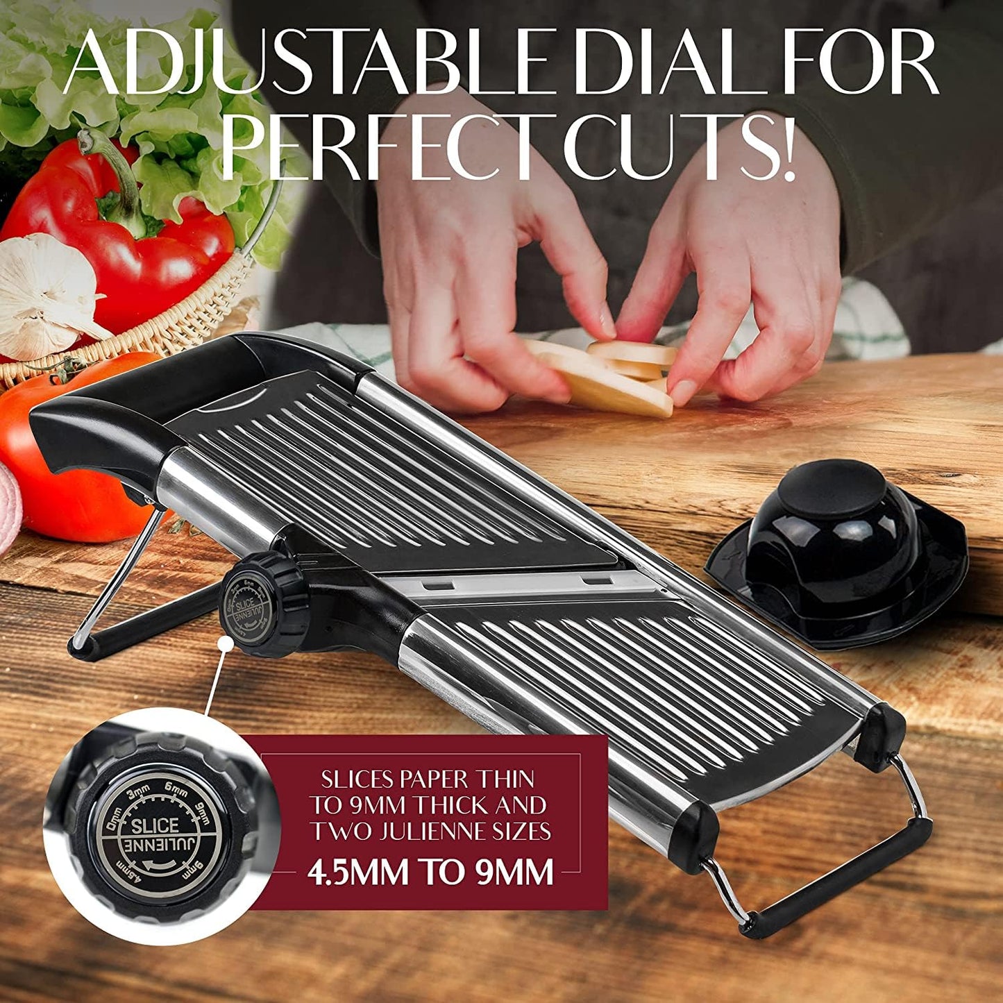 Gramercy Adjustable Mandoline Slicer – Stainless Steel Vegetable & Fruit Cutter with 1 Pair Cut-Resistant Gloves for Kitchen