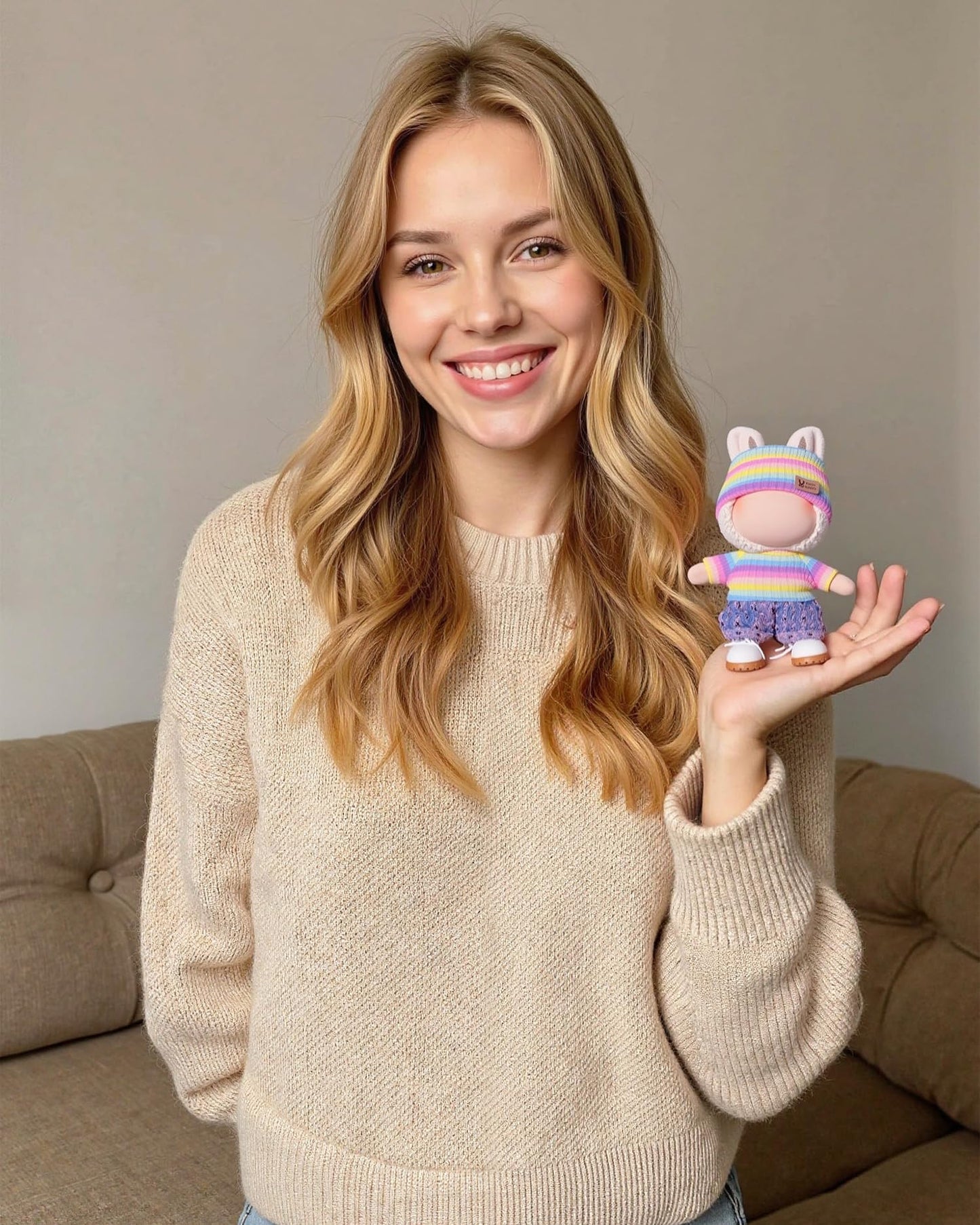 4pcs Handcrafted Labubu Doll Clothes Set (No Doll) – Cute Crocheted Hat, Sweater, Skirt & Bag, Rainbow Outfits, 15-17cm, AK052