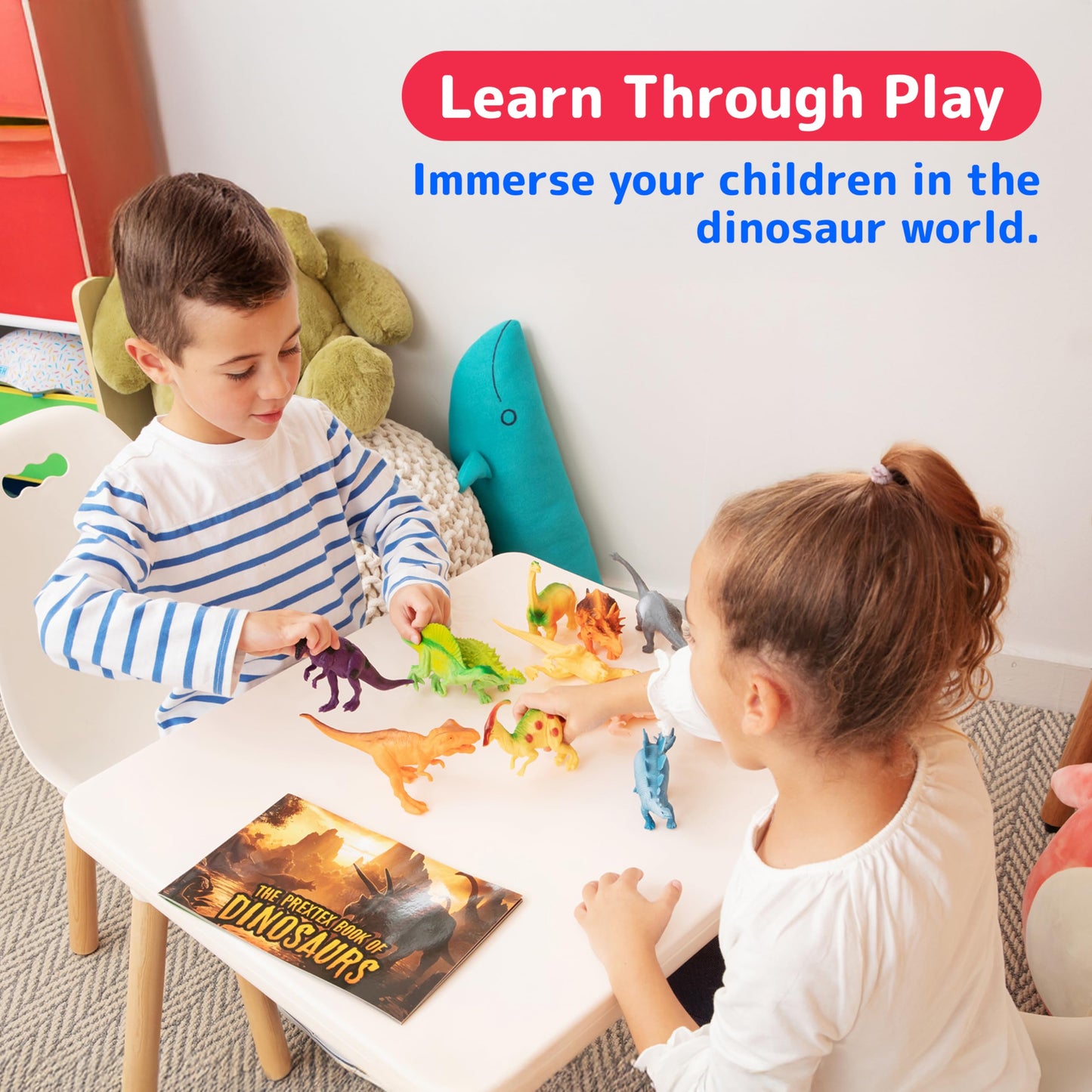 PREXTEX Dinosaur Toys for Kids 3-5 – 12 Realistic Dinosaur Figures with Sound + Dino Book for Learning & Play