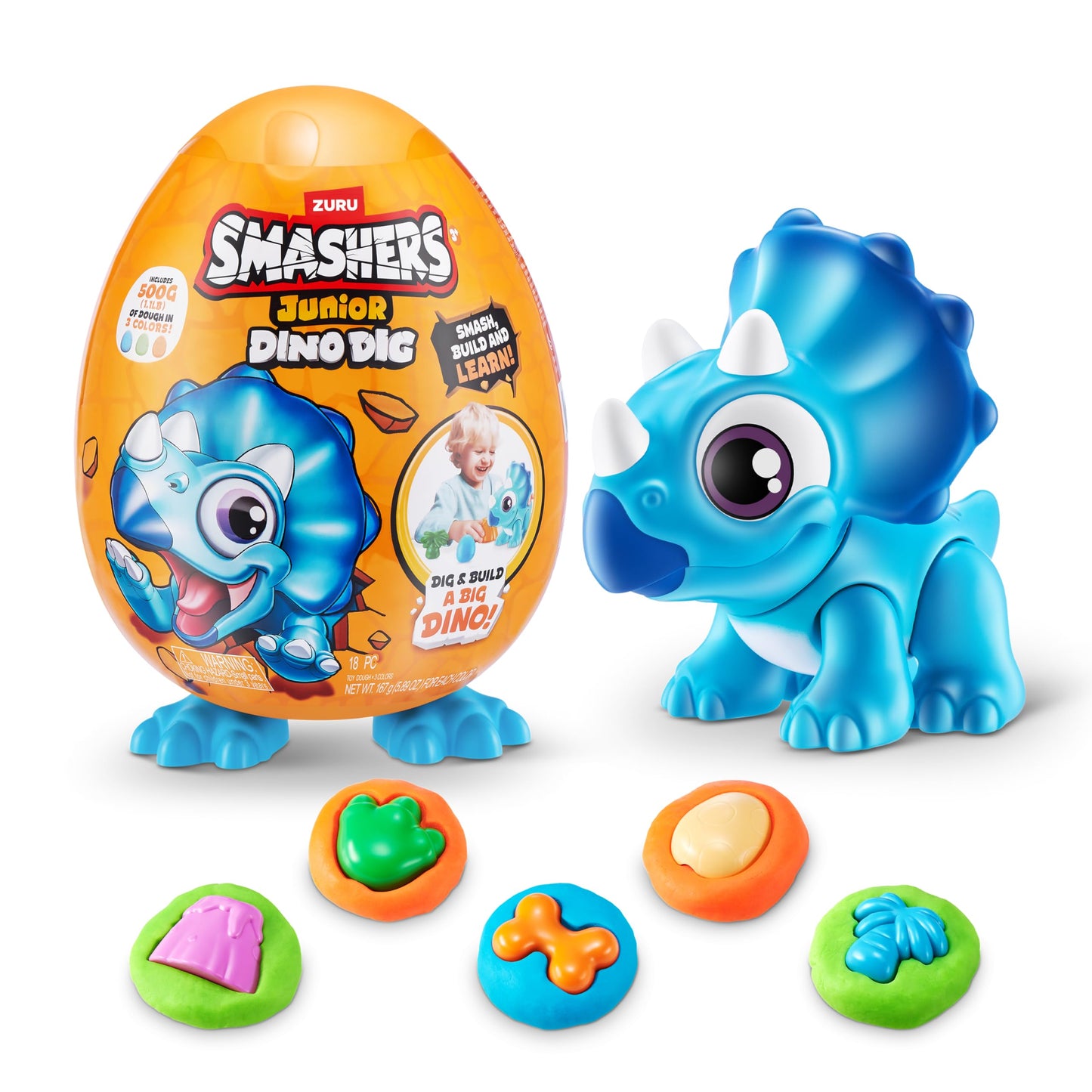 Blue dinosaur toy with colorful buttons and packaging on a white background
