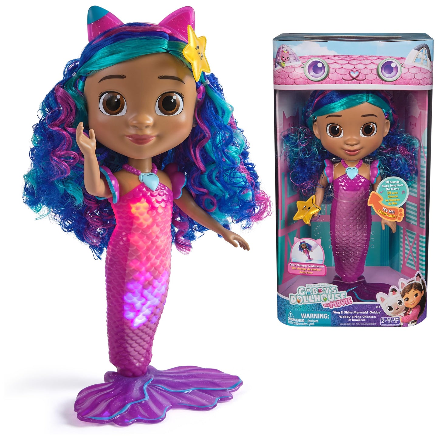 Gabby's Dollhouse: The Movie, Sing & Shine Mermaid Gabby, Waterproof Mermaid Doll with Lights & Sounds, Kids Toys for Girls & Boys Ages 3 and Up