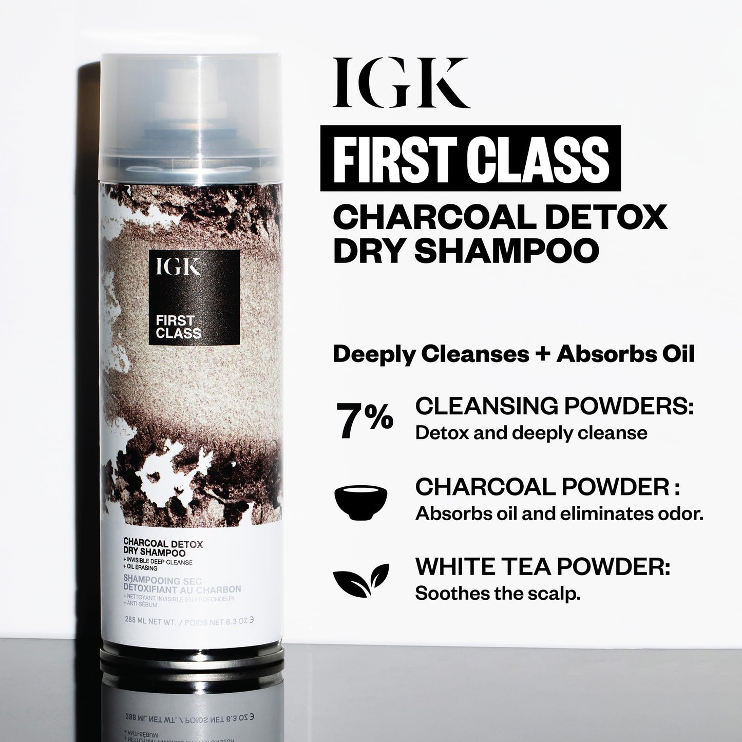 IGK FIRST CLASS Charcoal Detox Dry Shampoo, dry shampoo spray, overnight dry shampoo, best dry shampoo for oily hair, 6.3 Oz