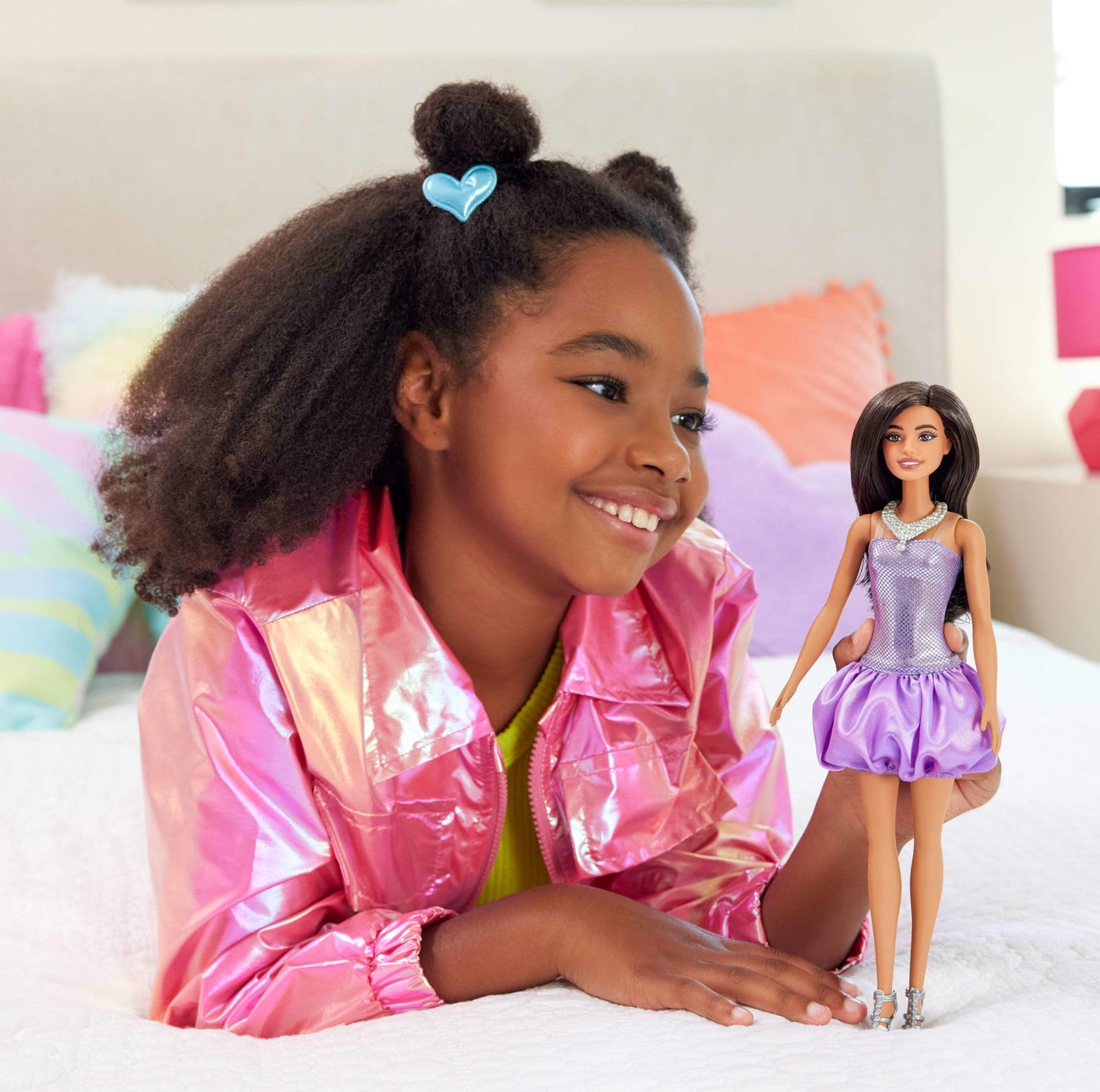 Barbie Fashionistas Doll #234 with Brown Hair, Wearing Sequined Purple Bubble Dress with Satiny Skirt, Silvery Necklace and Heels