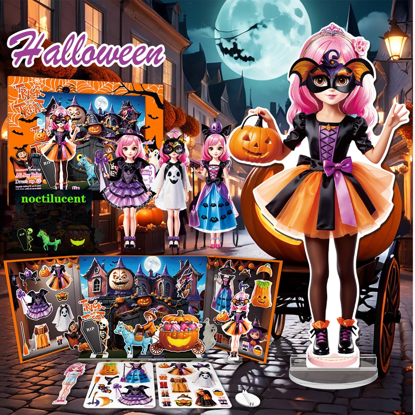 Halloween Magnetic Dress-Up Dolls for Kids β Witch & Pumpkin Fairy Costumes with 3D Haunted House Scene, Travel Toy Gift Ages 3-7