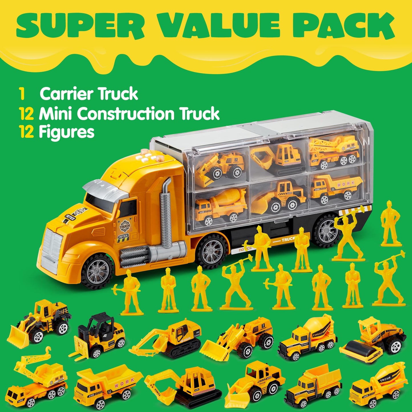 JOYIN 25-in-1 Kids Construction Truck Toy Set – 24 Push & Go Cars, Worker Figures, Sounds & Lights, Birthday Gift for Boys 3-7 Years