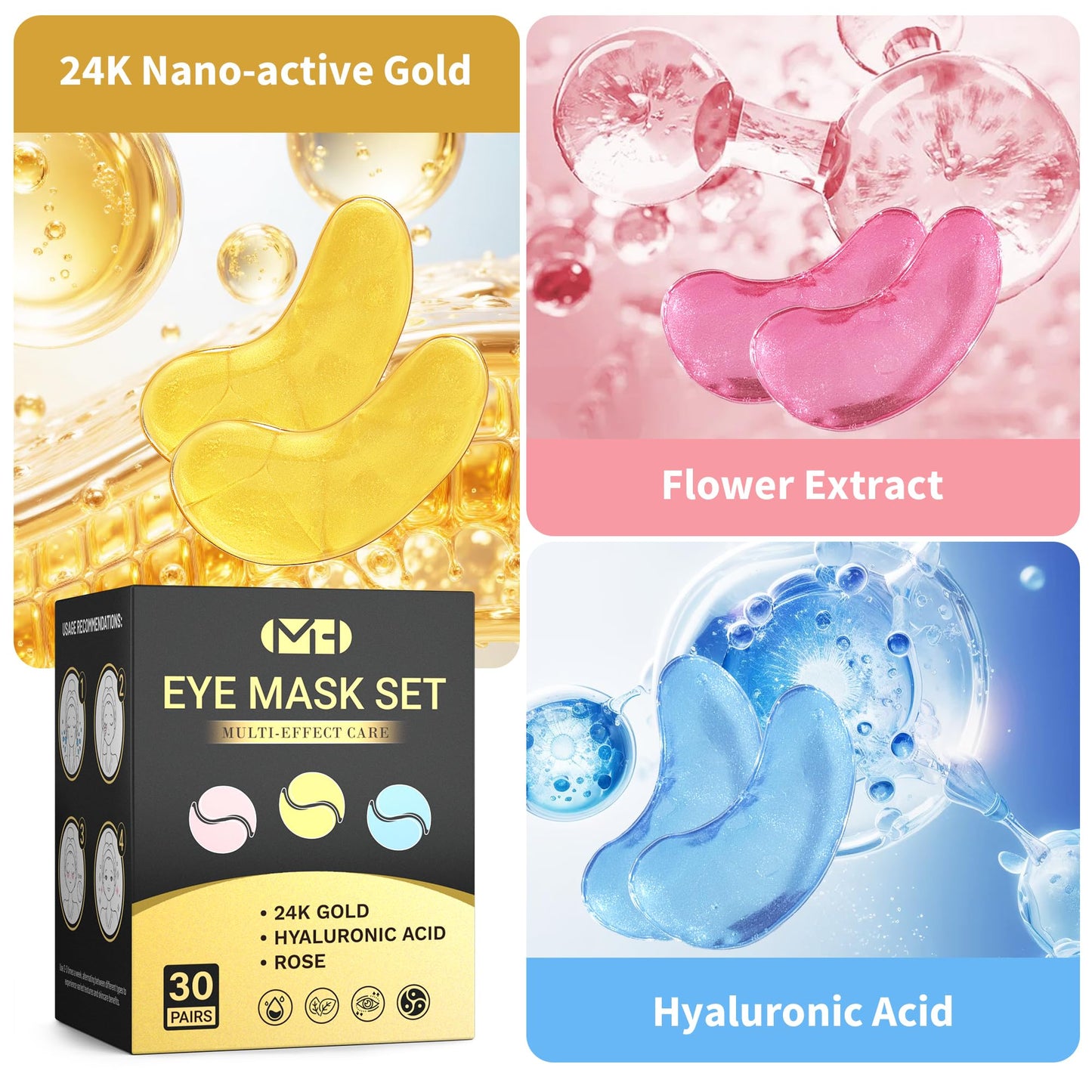 Under Eye Patches 30 Pairs – 24K Gold, Hyaluronic Acid & Rose Eye Mask for Dark Circles, Puffy Eyes, Wrinkles, Under Eye Care Gift