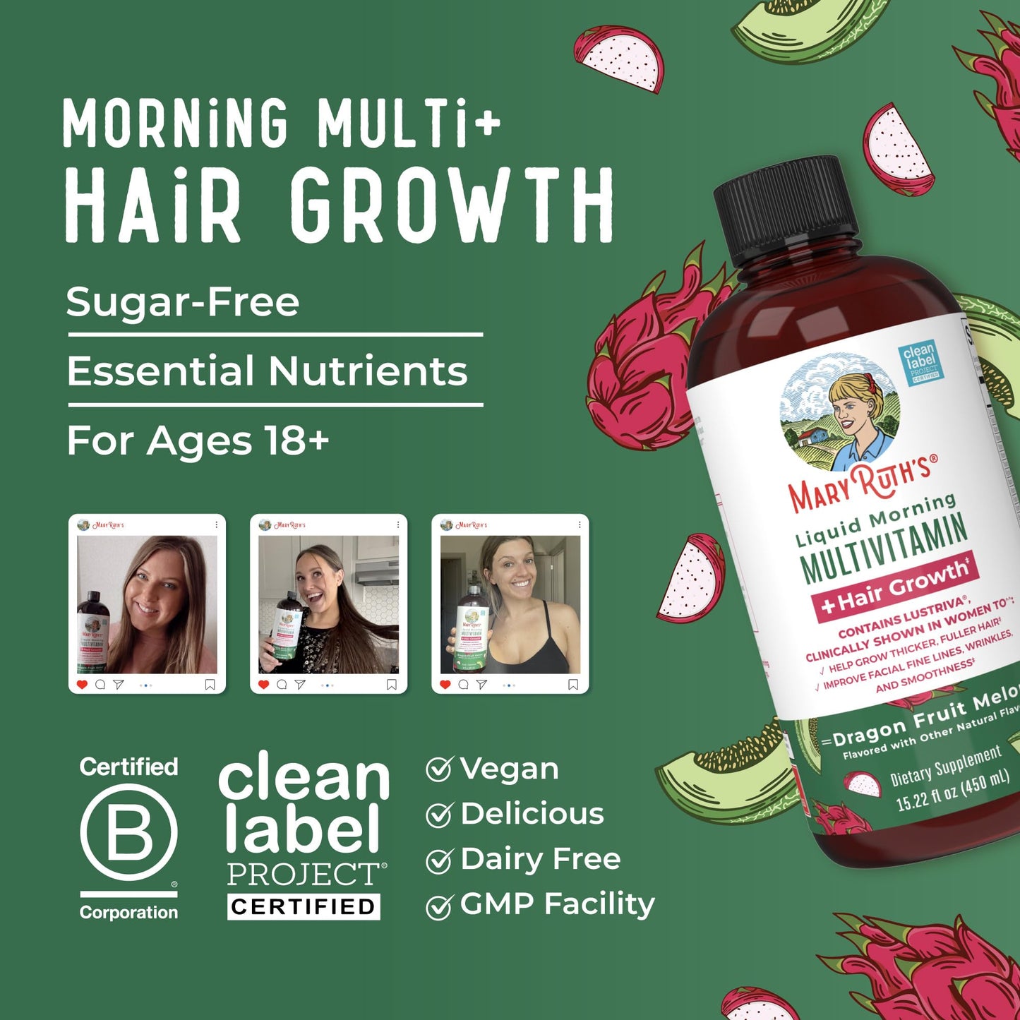 MaryRuth's Liquid Multivitamin + Hair Growth | Biotin 10000mcg | Lustriva Supplement for Thicker Hair & Smooth Skin | Clinically Tested | 15.22 Fl Oz