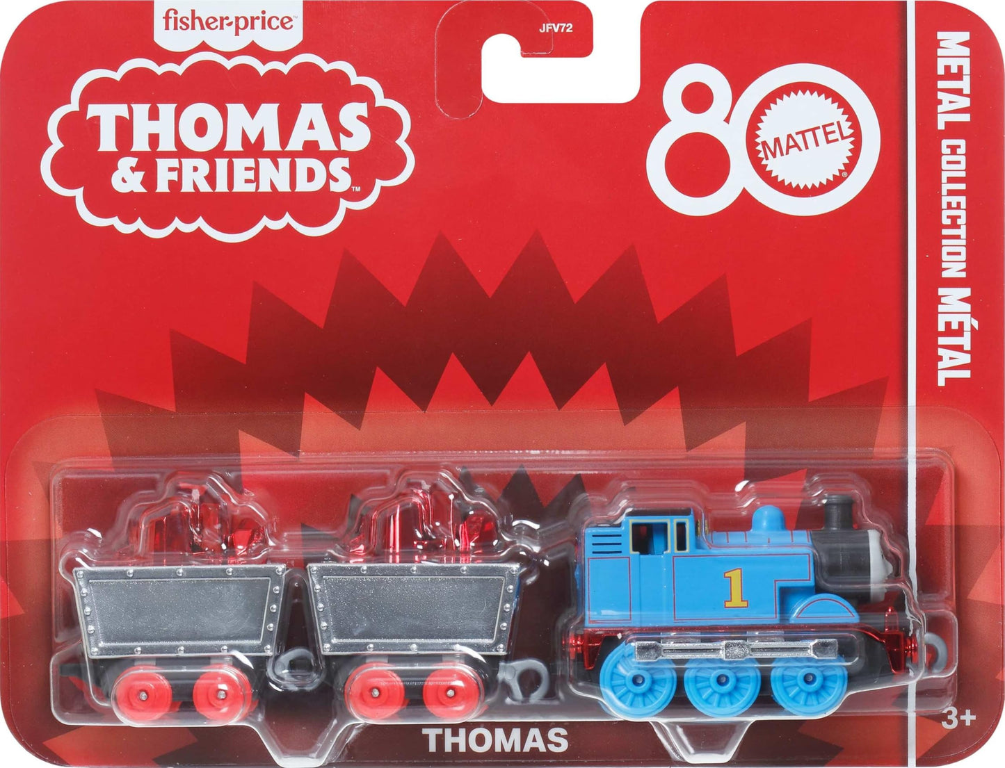 Thomas & Friends by Fisher-Price Collectible Toy Train, Small Die-Cast Mattel 80th Engine with Premium Deco & 2 Stock Cars with Red Crystal Cargo