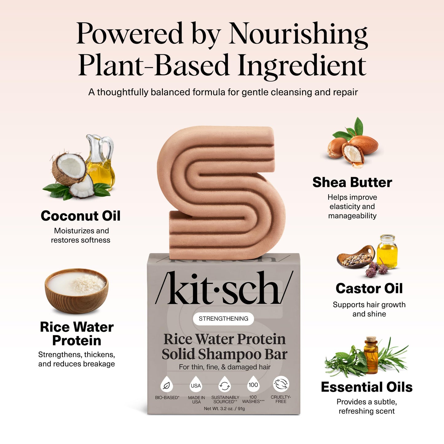 Kitsch Rice Water Shampoo Bar – Strengthening & Hair Growth Formula for Men & Women – Reduces Breakage, Boosts Shine, Vegan & Sulfate-Free, 3.2 oz