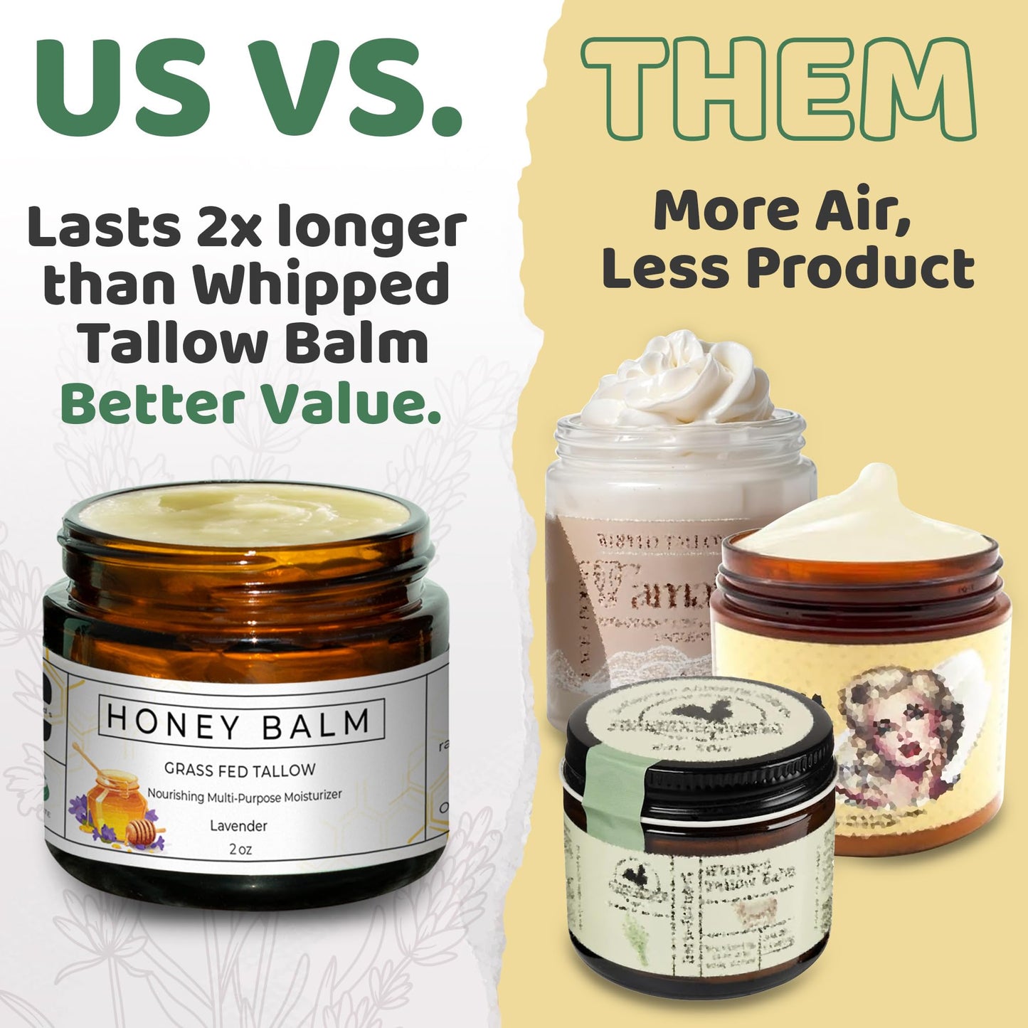 Really Good Blends Tallow & Honey Balm, Organic Body Butter with Grass-Fed Beef Tallow, Soothing All-Natural Moisturizer 2oz Lavender