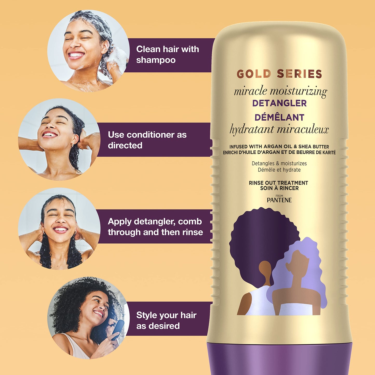 Pantene Gold Series Detangler Treatment for Curly and Coily Hair with Argan Oil and Shea Butter, 8 Fl Oz