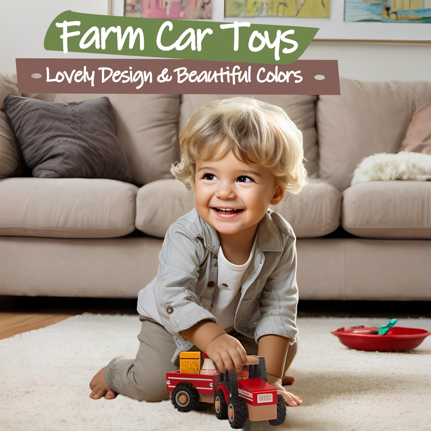 WoodenEdu Wooden Tractor Toys for Toddlers 1-3, Baby Vehicle Toys Hand Push Car Toys for 1 2 3 Year Old Boys Girls (Red)