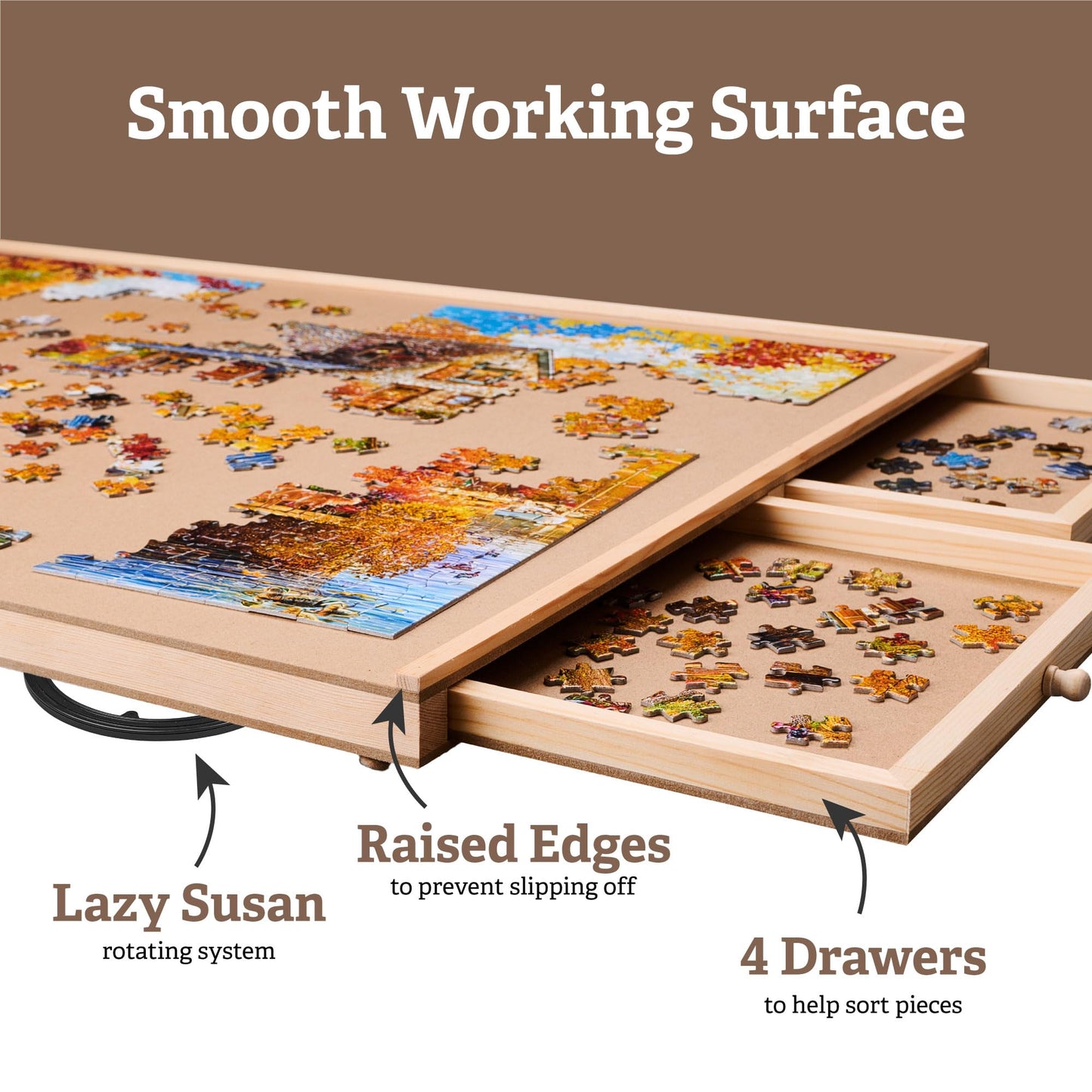 1500-Piece Rotating Puzzle Board – Wooden Jigsaw Table with 6 Storage Drawers & Protective Cover, Perfect for Family Games & Home Entertainment