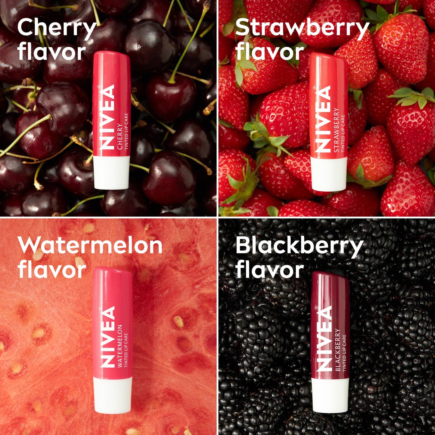 NIVEA Fruity Tinted Lip Balm 4-Pack – Cherry, Strawberry, Blackberry & Watermelon – Moisturizes, Repairs & Adds Color, 0.17oz Each