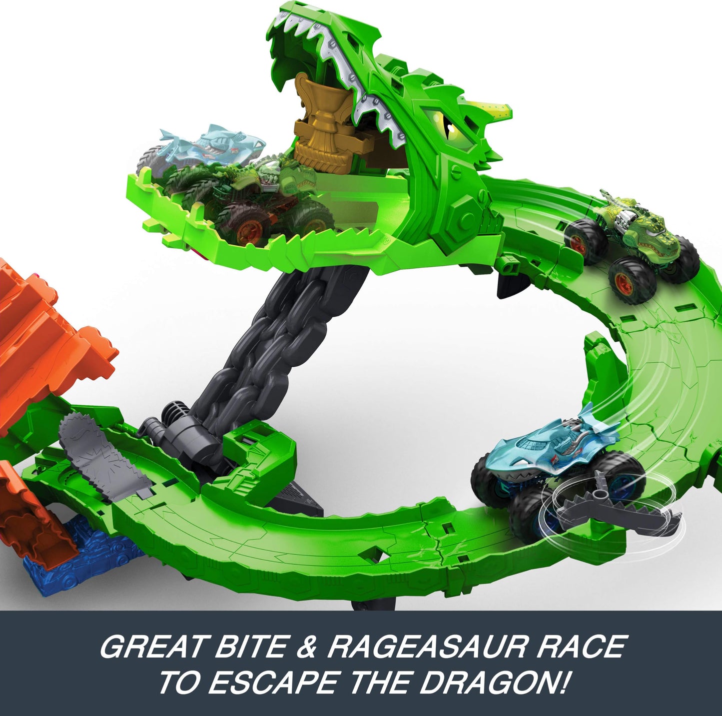 Hot Wheels Toy Monster Trucks, Sharks vs. Dinos Dragon Destruction Playset with 1:64 Scale Great Bite & Rageasaur, Race to Defeat The Cyborg Nemesis