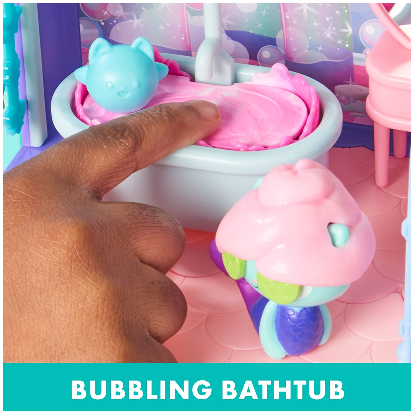 Gabby's Dollhouse, Primp and Pamper Bathroom with Mercat Figure, 3 Accessories, 3 Furniture and 2 Deliveries, Kids Toys for Ages 3 and up