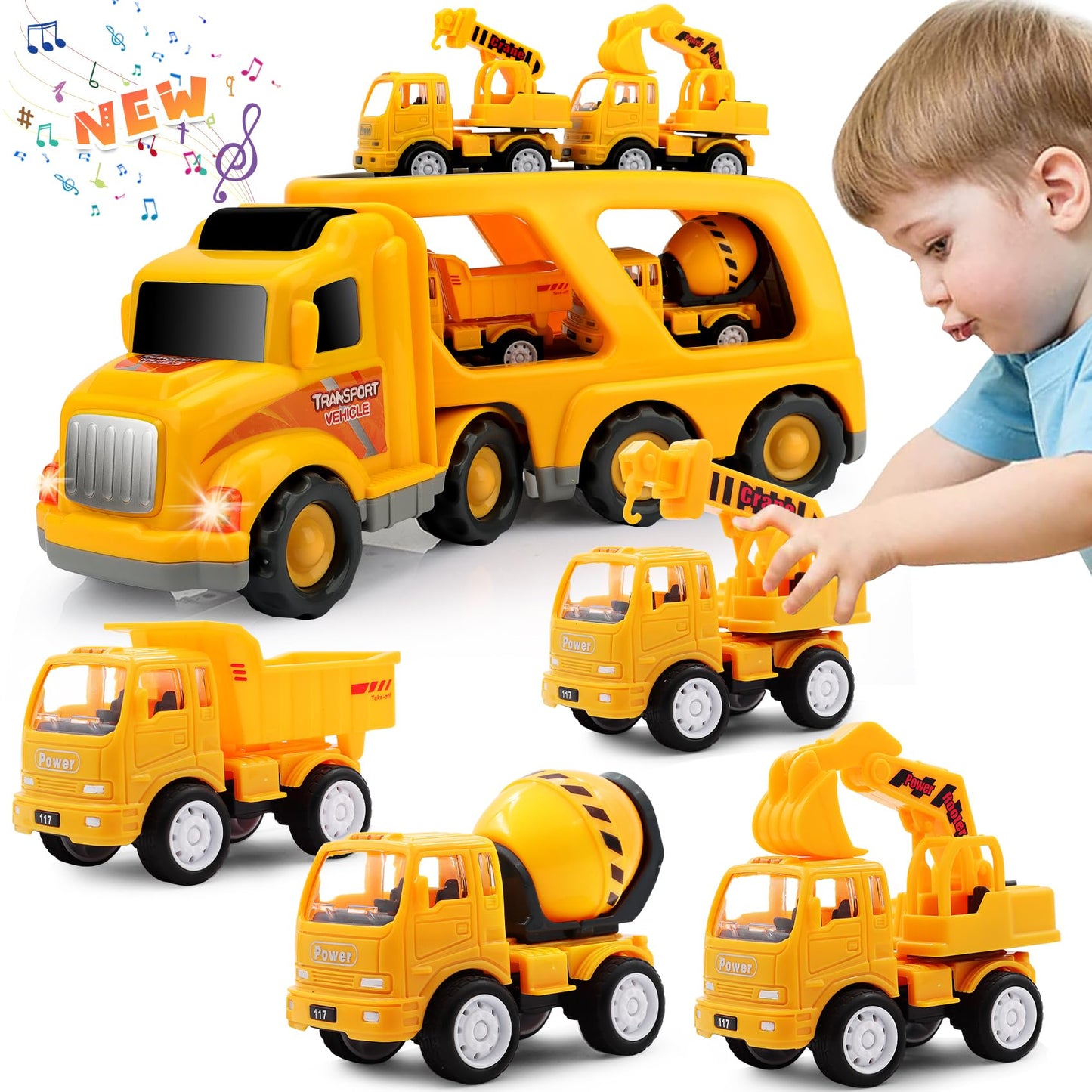 Nicmore 5-in-1 Construction Truck Toddler Toy Car – Gifts for Boys Ages 1-4, Carrier Playset for Birthday & Christmas