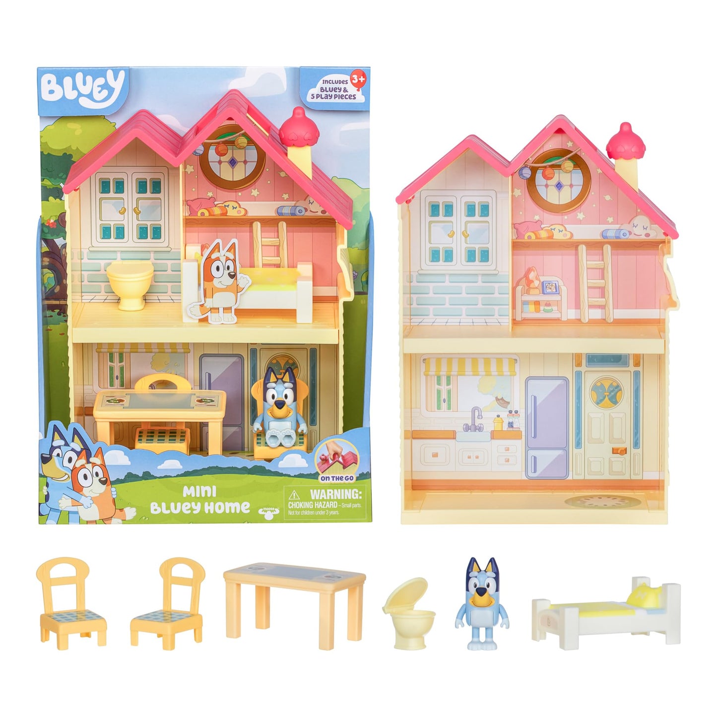 Bluey Mini Home Playset with Carry Handle – Compact House, 3 Rooms (Kitchen, Bedroom, Bathroom) + Figure & 5 Play Pieces
