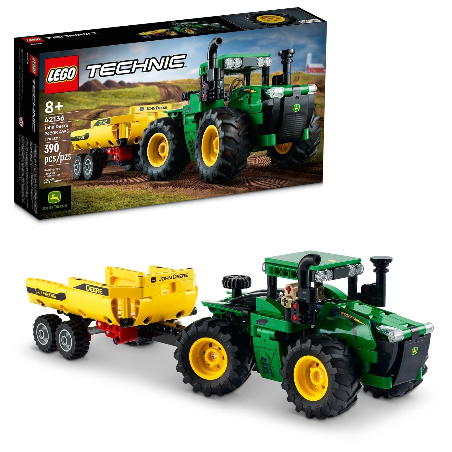 LEGO Technic John Deere 9620R 4WD Tractor Set 42136 with Trailer – Realistic Farm Construction Model for Kids 8+