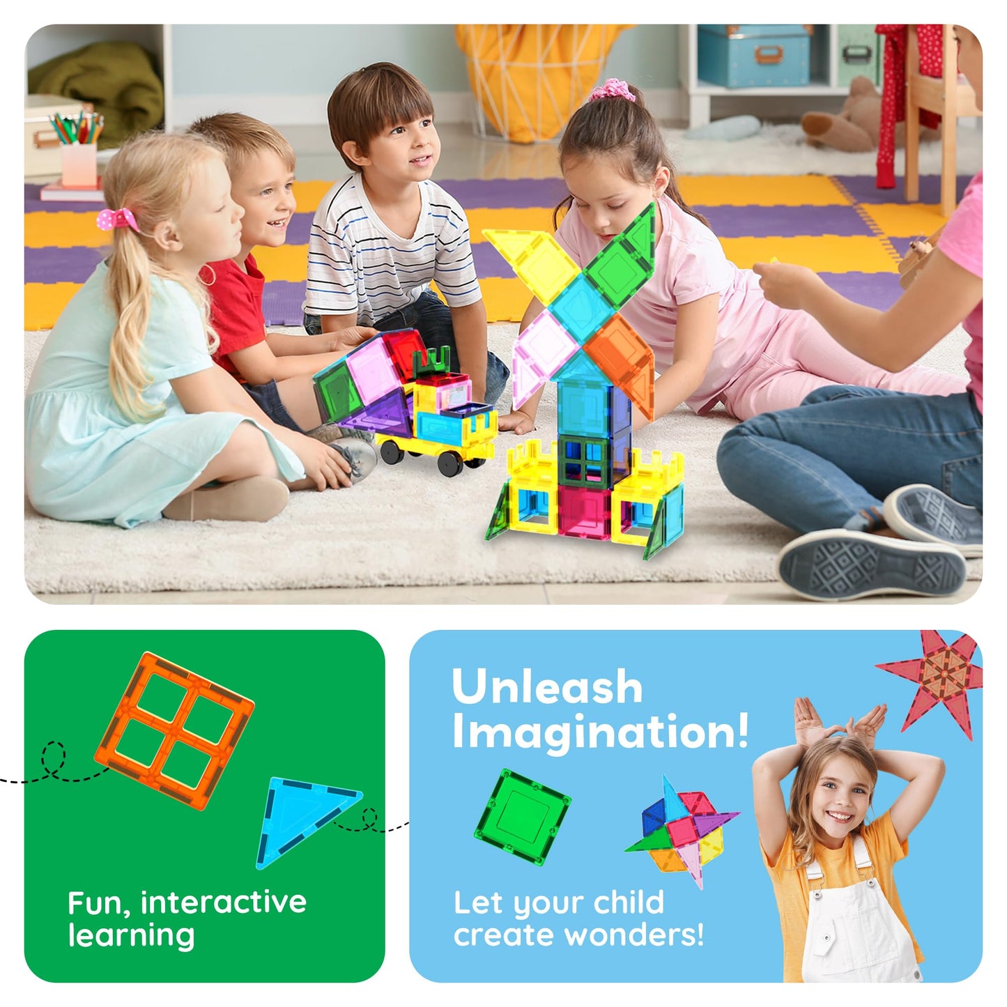 PicassoTiles 101-Piece Magnetic Building Blocks Set with Car & Carry Bag, STEM Toy for Toddlers & Kids Ages 3+, Educational Playset