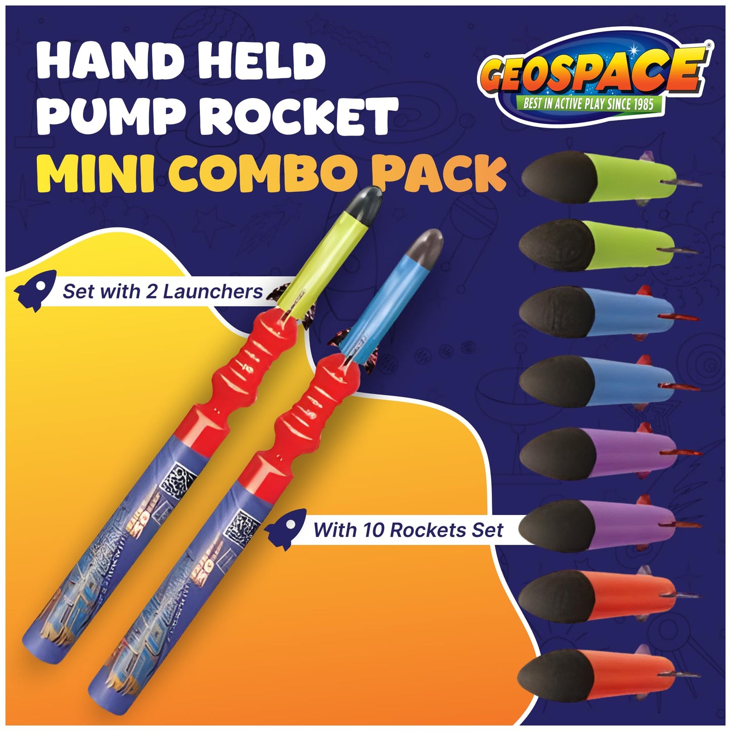 Geospace Handheld Pump Rocket Battle Pack – 2 Launchers & 10 Flying Foam Rockets, 19" Stomper Rocket Toy for Kids Boys & Girls