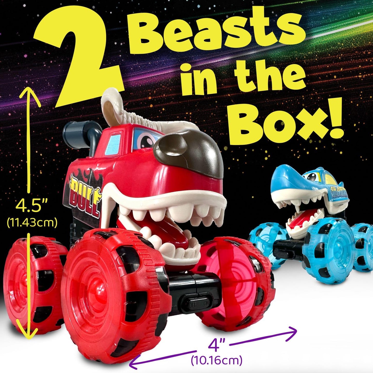 Stargo 2-Pack Monster Truck Toys – Shark & Bull Pull Back Trucks with Light-Up Chomping Action, Birthday Gifts for Boys Ages 3-8