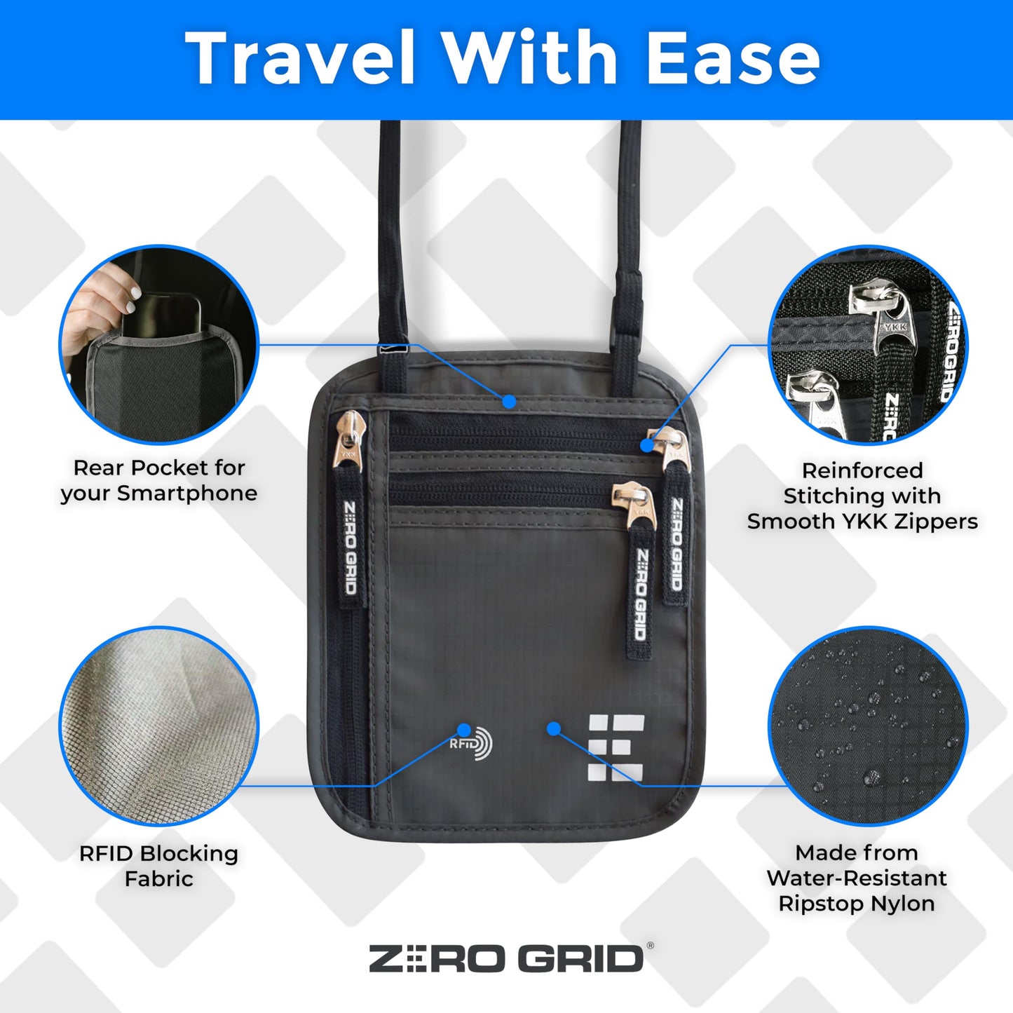 RFID Blocking Neck Wallet & Passport Holder – Slim, Water-Resistant Travel Pouch for Men & Women – Dark Grey, Large