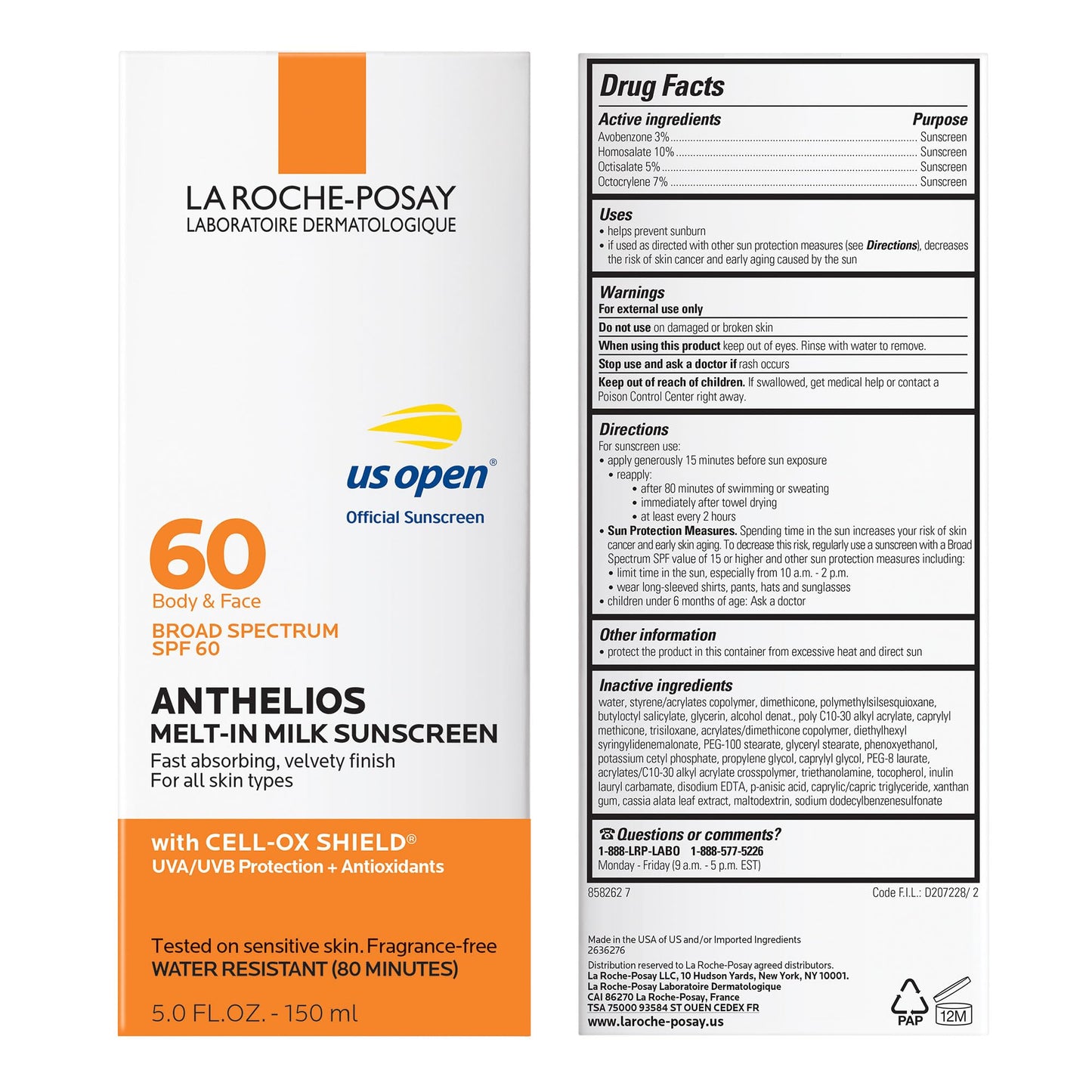 La Roche-Posay Anthelios Melt-In Milk SPF 60 Sunscreen for Face & Body, Broad Spectrum, Lightweight, Oil-Free, Fast Absorbing, Oxybenzone Free