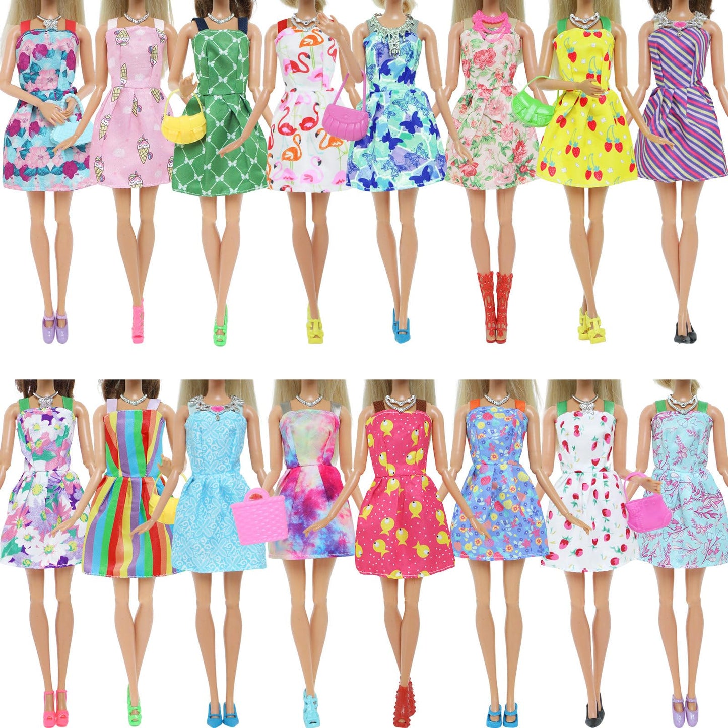 BJDBUS 42-Pc Doll Clothes & Accessories Set for 11.5" Dolls – 10 Mini Dresses, 32 Shoes, Glasses, Necklaces, Handbags & Hangers