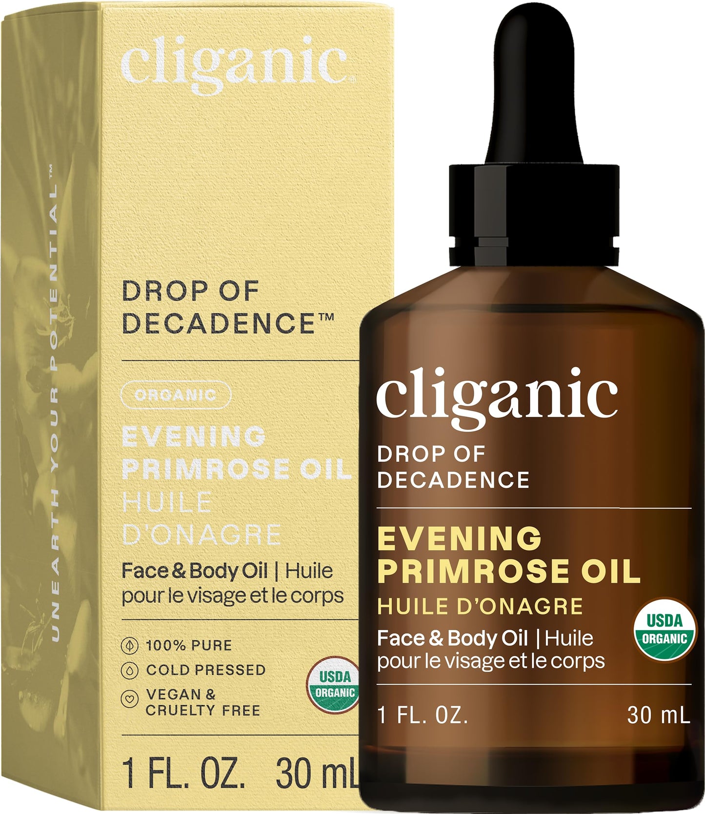 Cliganic Organic Evening Primrose Oil, 100% Pure (1oz) - For Hair & Face | Natural Cold Pressed Unrefined (Packaging May Vary)